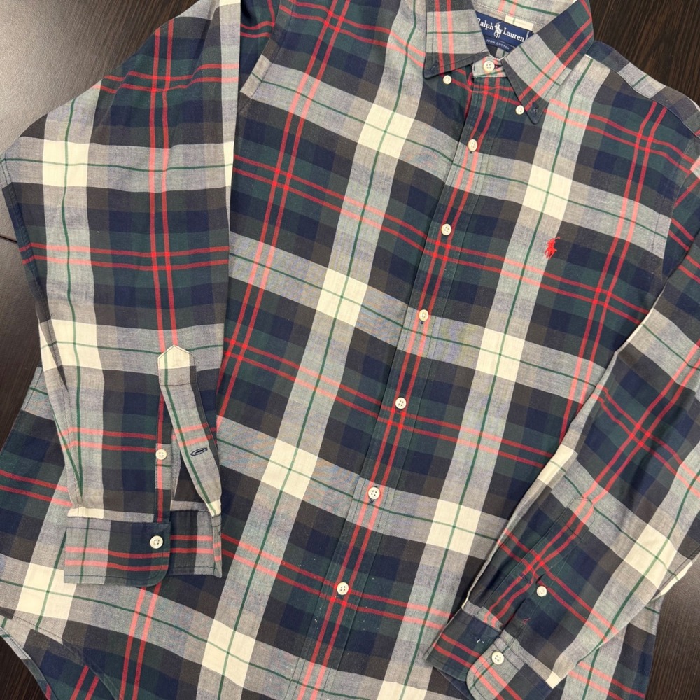 Ralph‎ Lauren Button Down Shirt Mens L Navy Green Plaid Good Cotton Long Sleeve